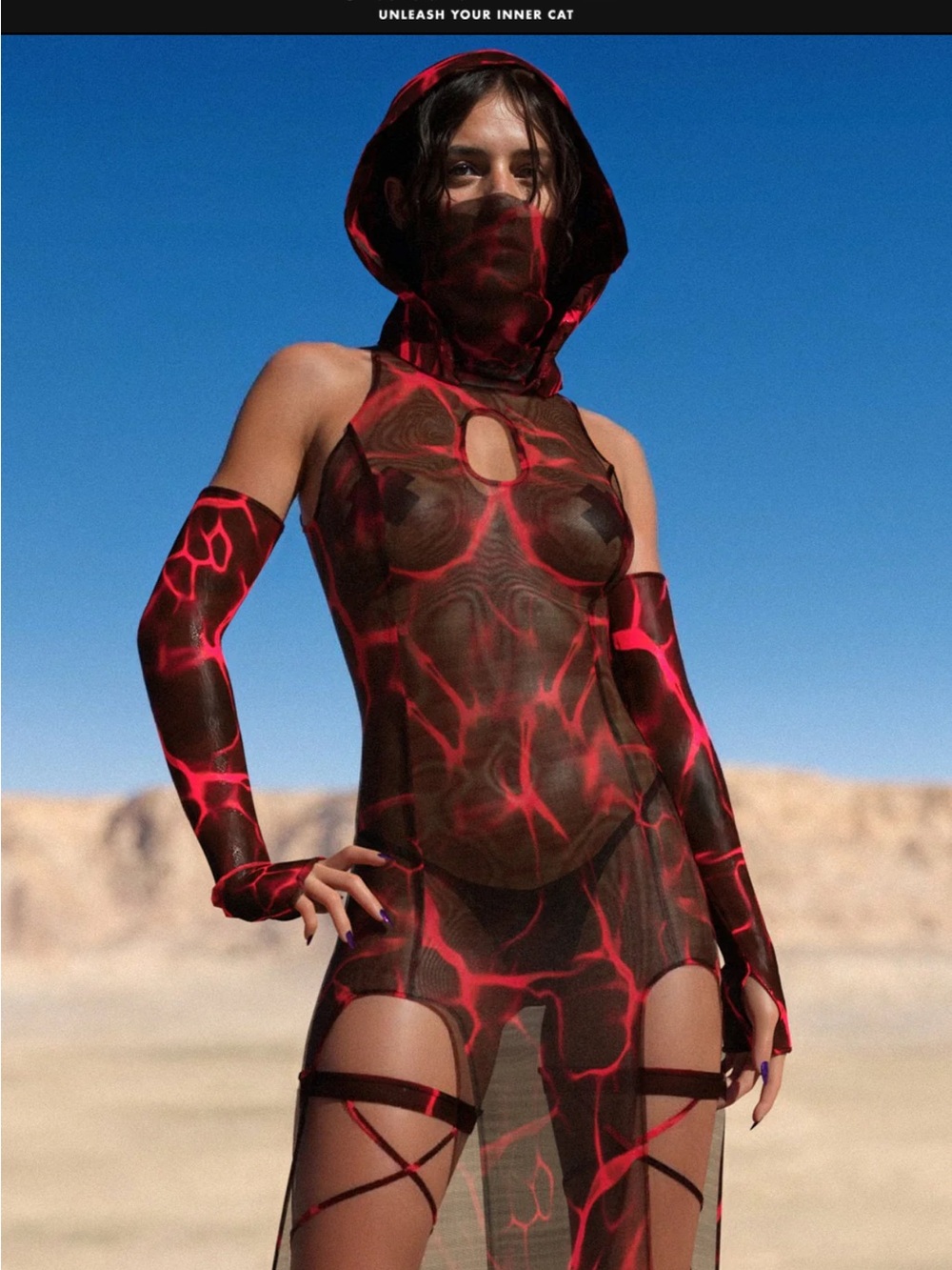Sheer Red & Black Mesh Hooded Dress with Matching Gloves Candy Catz